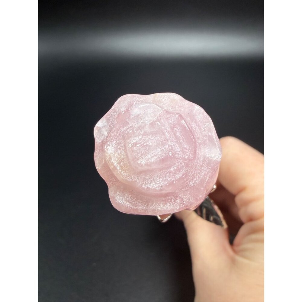 Hand Carved Rose Quartz Flower Pink Stone Healing Crystal Silver Tone Stem 6" - Picture 3 of 9